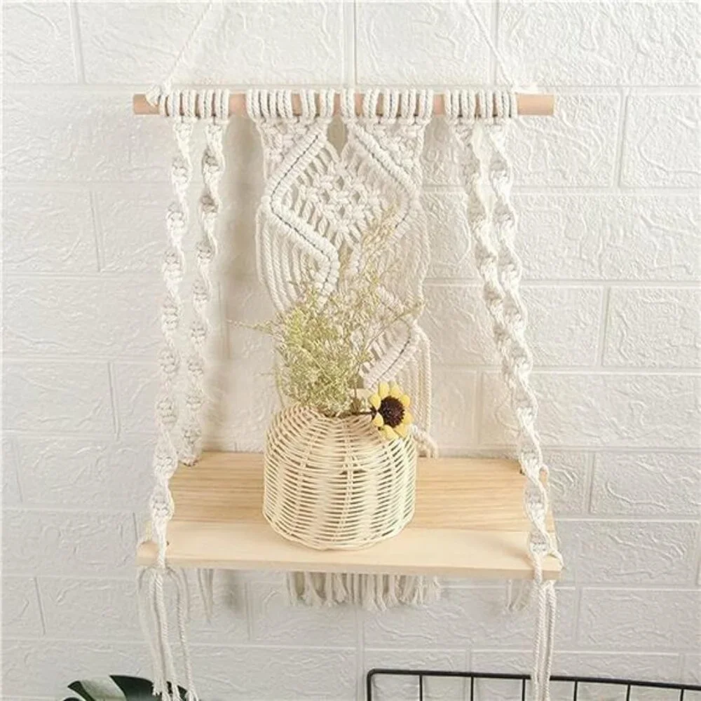 Macrame Wall Hanging Plant Decor Shelf Indoor Outdoor Floating Wood shelve